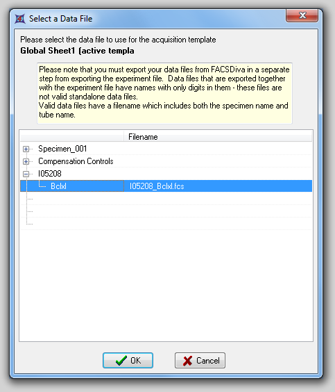 图23.4  Selecting FCS File Data for an Imported FACSDiva Experiment (为导入的FACSDiva实验选择FCS文件数据)